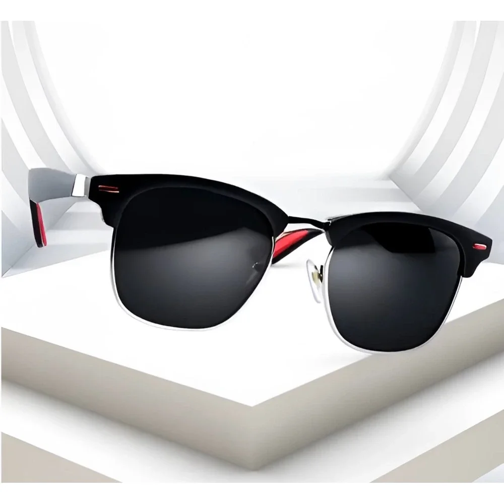 Mens Classic  Style Sunglasses Black Lens Silver Frame Red Accents Sophisticated